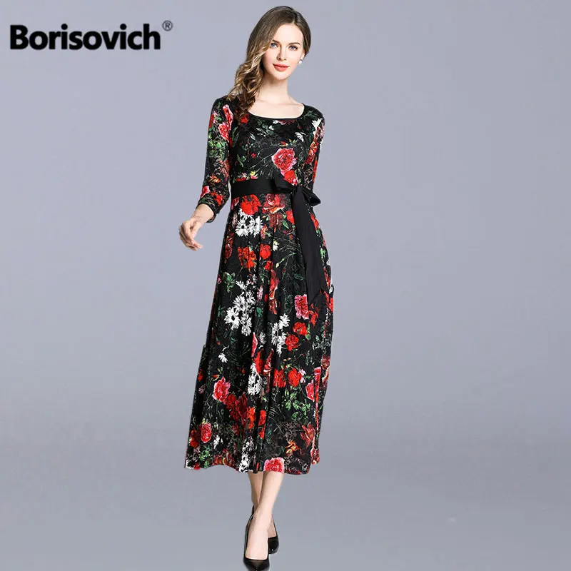 

Borisovich Vintage Floral Print Female Casual Long Dress New 2019 Spring Big Swing A-line Lace Elegant Women Party Dresses N637
