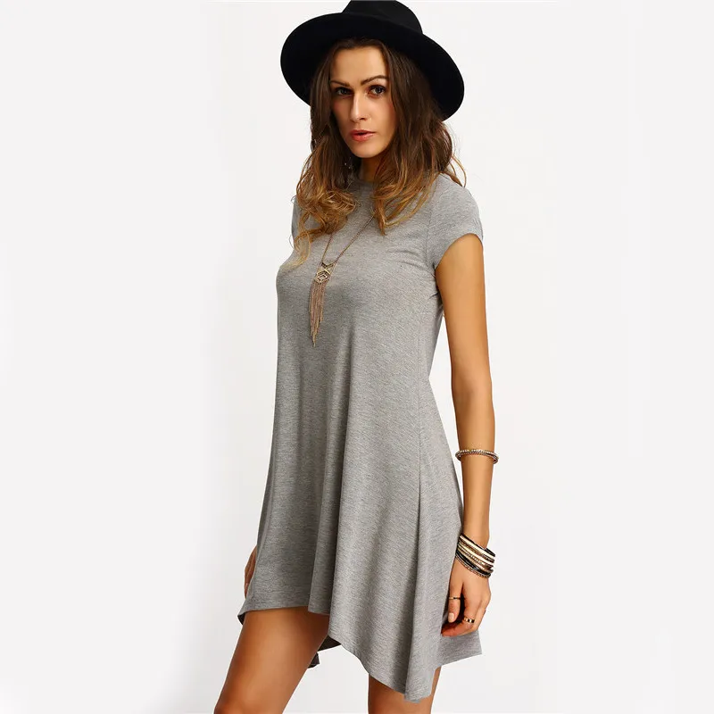 Grey Asymmetric Short Sleeve Shift Dress - Shops Hive