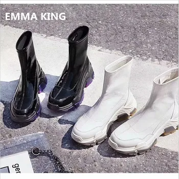 

EMMA KING Women Fashion Flat With Sport Boots Women Shallow Round Toe Slip-on Outdoor Casual Dress Black White Ankle Booties