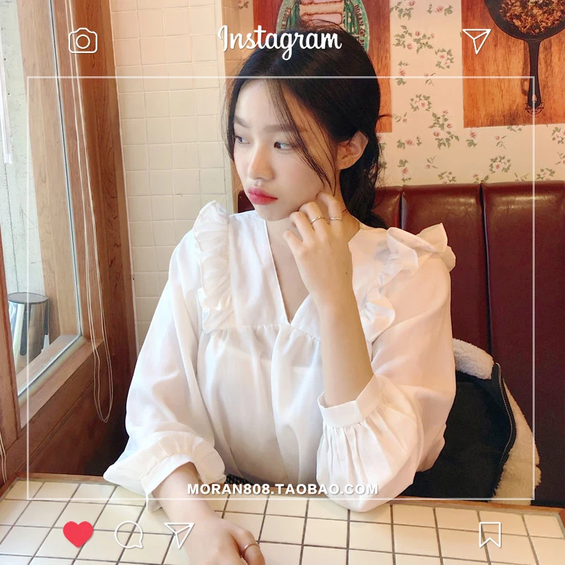 

V Neck Ruffles White Top Spring Summer Beautiful Lady Puff Sleeve Shirt Women Blouse Chemise Femme Chemisier Blusa Mujer Camisa