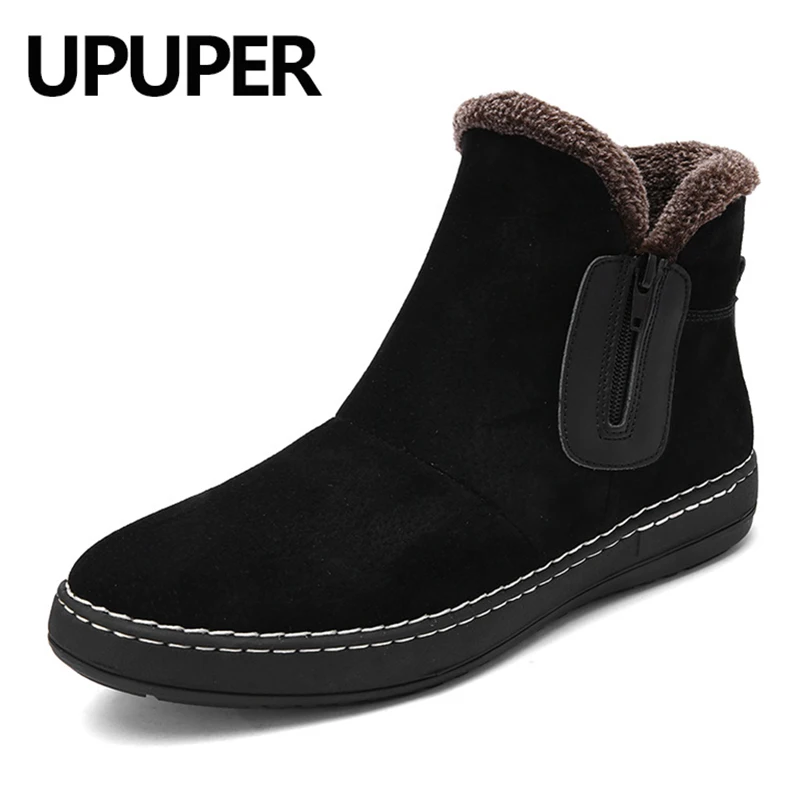 

UPUPER Suede Leather Warm Winter Boots Men Ankle Snow Boots Men Zipper Short Shallow Boots Fashion Plush Lining Men Shoes
