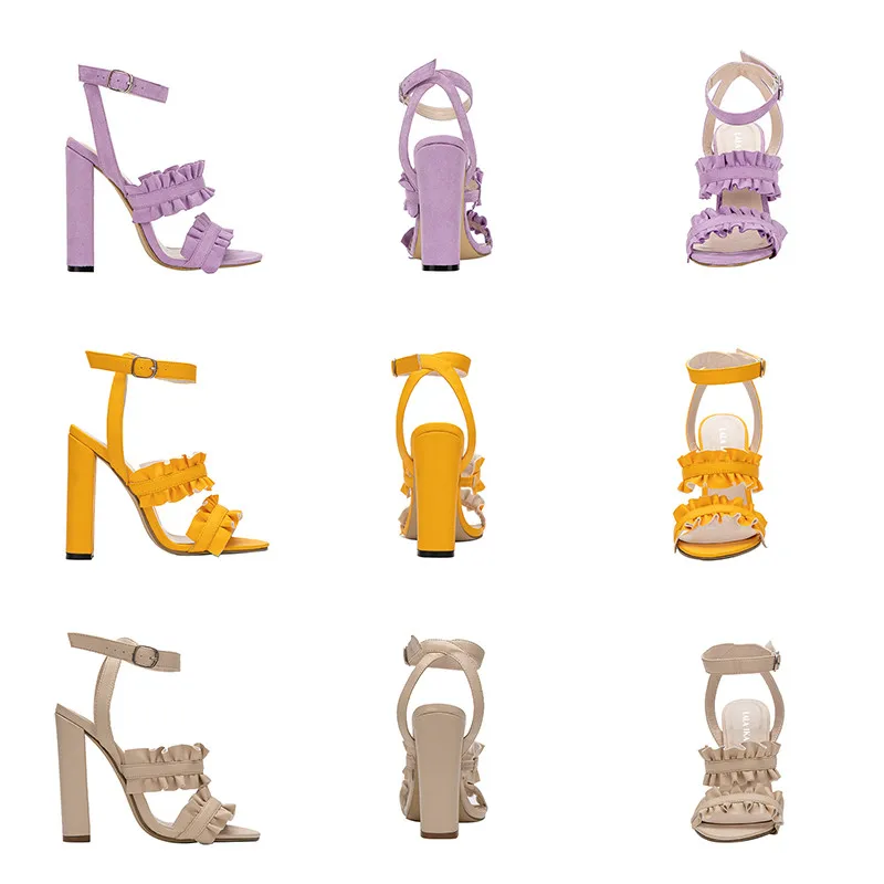 LALA IKAI/женские босоножки на высоком каблуке с оборками; однотонные вечерние женские модельные босоножки на квадратном каблуке с ремешком и пряжкой; 100C1920-4