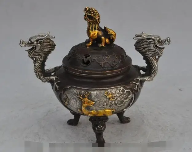 

S6883 7" china bronze gilt foo dog lion beast dragon deer bat fu statue Incense Burner D0318