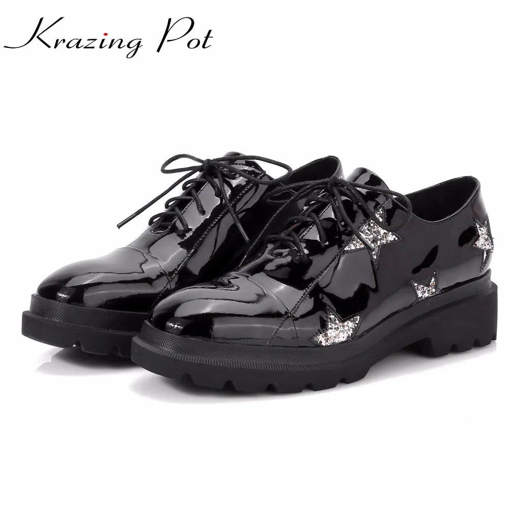 KRAZING POT cow leather British school brand shoes thick med heels lace up five-star patterns round toe autumn winter pumps L20 KRAZING POT cow leather British school brand shoes thick med heels lace up five-star patterns round toe autumn winter pumps L20