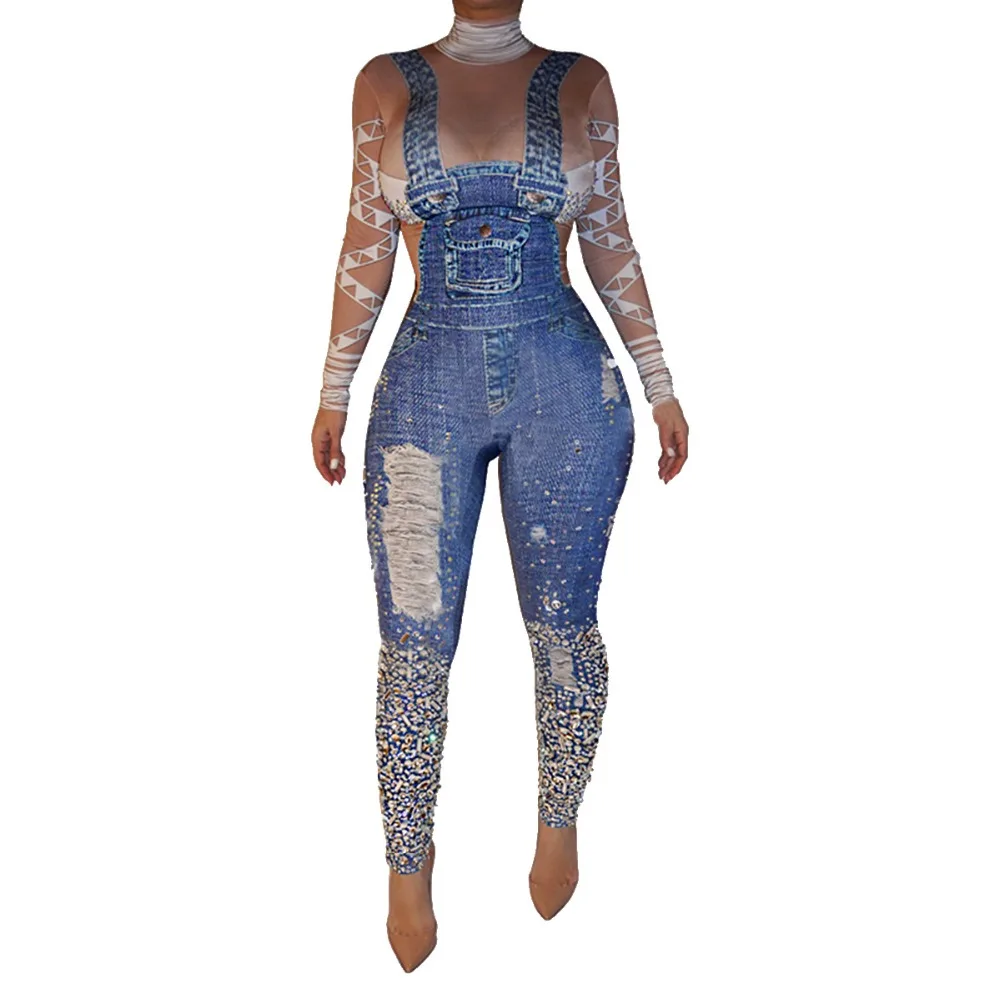 Casual Denim Rompers Long Sleeve Jumpsuits for Women Turtleneck