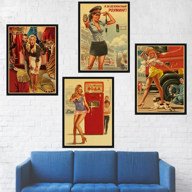 PINUP GIRLS Classic World War II Vintage Retro Kraft Paper Poster pink