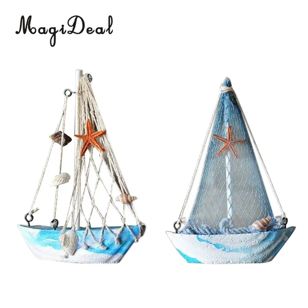 2pcs Vintage Mediterranean Style Marine Nautical Wooden Blue Sailing Boat Ship Wood Crafts Ornaments Party Home Room Decoration