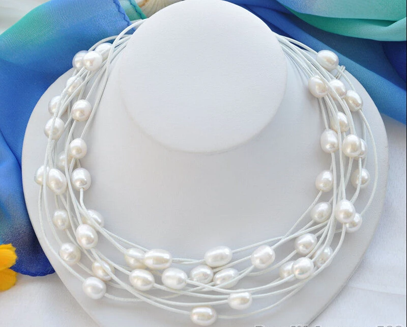 FREE shipping&gt Z5672 NICE 3row 14mm white rice pearl leather necklace 3pcs 6.07 | Украшения и аксессуары