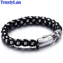 TrustyLan Ретро винтажный черный браслет из натуральной кожи мужские высококачественные 316L мужские браслеты из нержавеющей стали ювелирные изделия