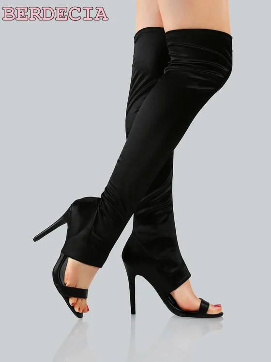 Черный бархат над колено высокие сапоги открытым носком открытым носок плотно женская обувь тонкий высокий каблук бедро высокие сандалии
