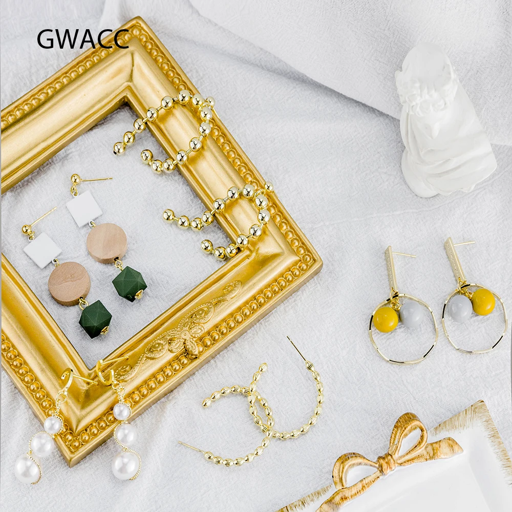 

GWACC Trendy Big Drop Earrings Pearl Earrings For Women Girls Gold Color Metal Bead Round Earrings Long Wooden Earrings Jewelry