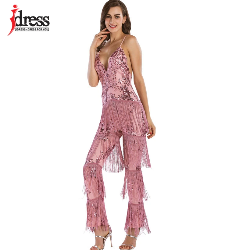 Idress новые Летние комбинезоны Спагетти ремень Элегантный Bodycon Сексуальная коктейль Для женщин спинки блестками кисточкой комбинезон