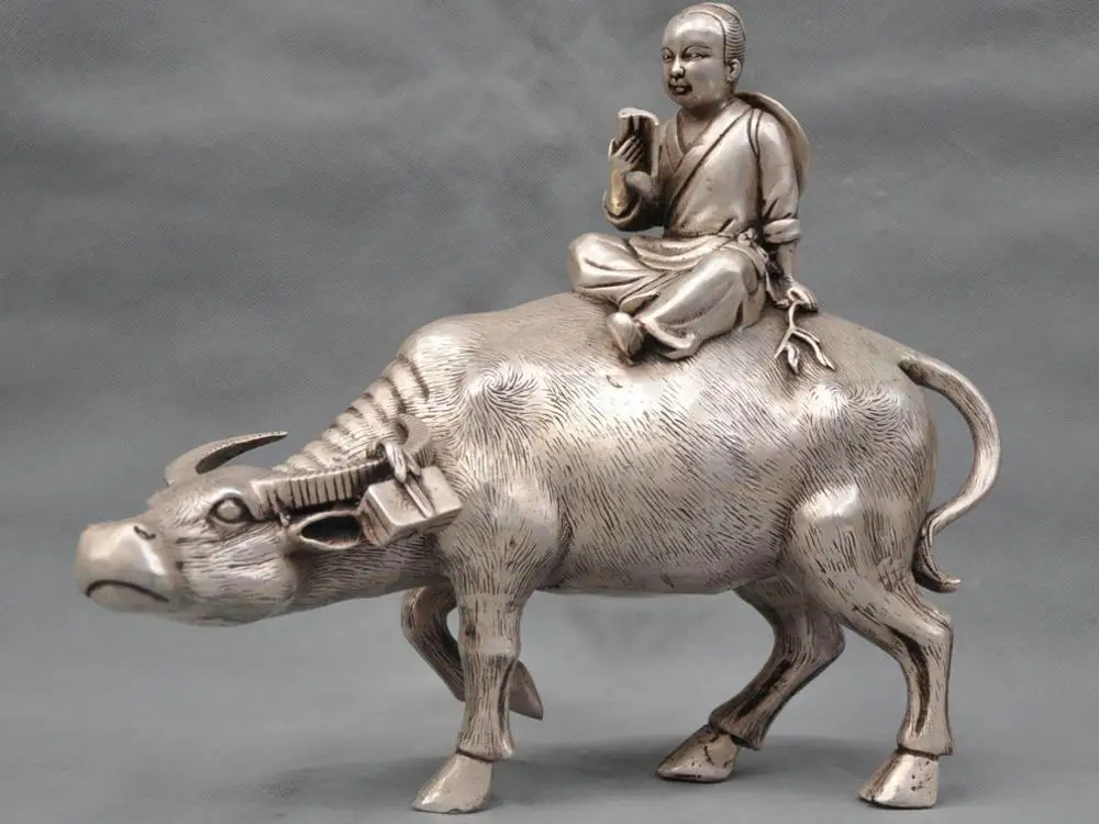 

12" China Silver Bronze Shepherd Boy Ride Bull Reading Book Statue