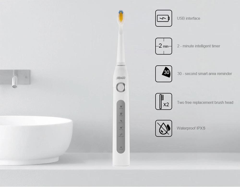  SG - 507 Electric USB Sonic Toothbrush Dentist Rechargeable Cleaner with Smart Timer Five Optional Brushing Modes Waterproof Fully Washable Replacement Heads