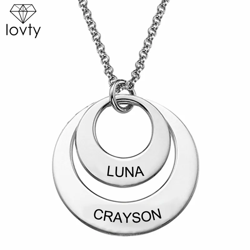 

lovty Engraved 2 Disc Necklace Handmade Custom Disc Pendant Necklace with Kids Name Personalized Mother Jewelry Necklace for Her
