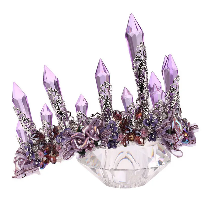 Vintage Purple Crystal Queen King Wedding Noble Crown Tiara Bride Prom Flower Perfect Coronas Headdress Women Jewelry Accessory