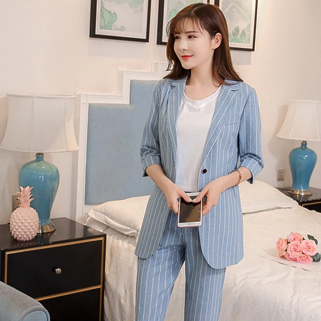 RUGOD 2018 Elegant Blue Striped Blazer Jacket & Pants Suit For Women 2 Two Pieces Set Slim Office Lady Suits Business Suits