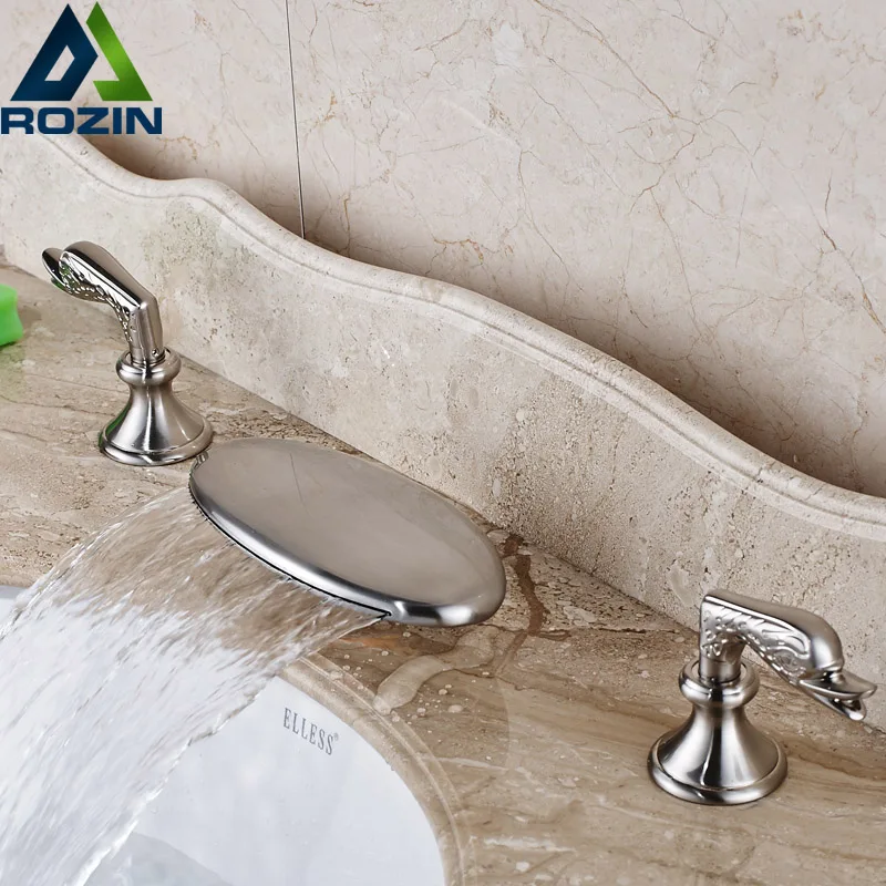 

Wholesale and Retainl Waterfall Bathroom Faucet Two Handles Basin Mixer Tap Deck Mounted