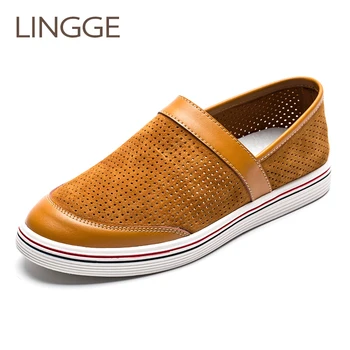 

LINGGE Brand Openwork Men's Shoes Genuine Leather Shoes For Men Breathable Rubber Non-Slip Shoe Spring&Summer Shoe