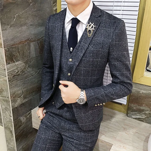 

2019 Grey Plaid Stripe Vintage Men Slim Fit Tweed Business Formal Suits Men 3 Pieces Custom Made Wedding Suits Terno Masculino