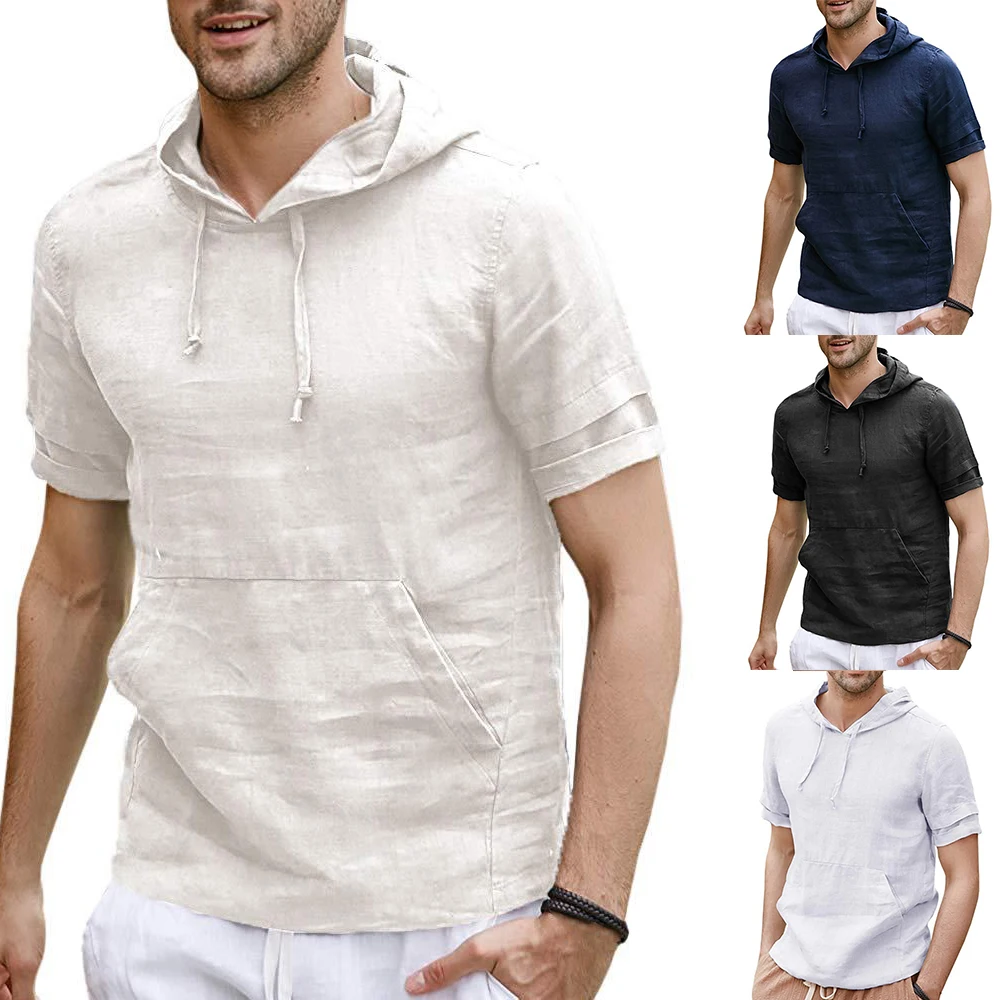 

2019 Men Linen T shirt Short Sleeve Breathable Summer Tee Tops Men Hooded T shirt Fashion Casual Streetwear camisetas hombre