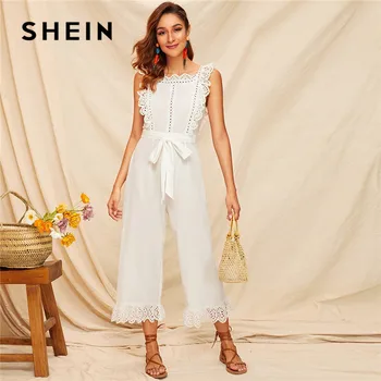 

SHEIN Embroidery Eyelet Scallop Trim Backless Wide Leg Sexy Jumpsuit Women Summer Sleeveless Square Neck Belted White Jumpsuit