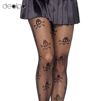 

2020 Fashion Sexy Fishnet Tights Women Sheer Intimate Net Skull Stretch Pantyhose Stockings High Waist Tights Black Underwear