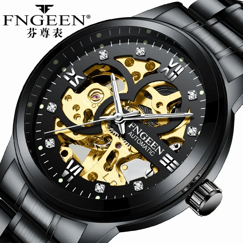 

Luxury Brand Watch Men Automatic Mechanical Wristwatches Fashion Black Stainless Steel Skeleton Casual Business Clock Male