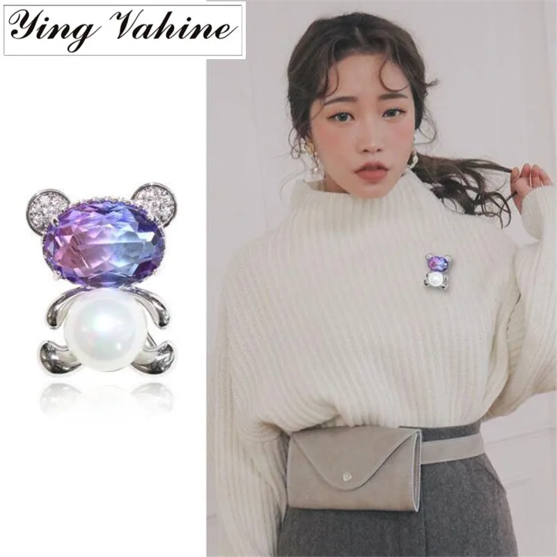 

ying Vahine Lovely and Delicate Purple Crystal Little Bear Pin Brooches for Women Personalized Sweater Badge Jewelry Accessories
