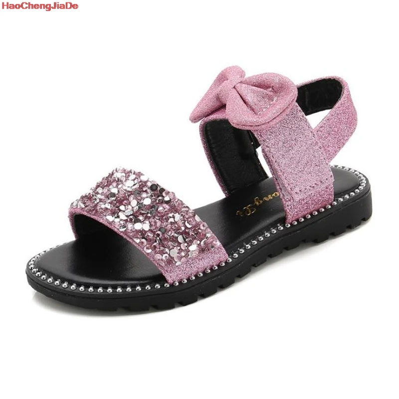 

New Girls Sandals 2019 Summer New Korean Bow Girl Slip Sequins Open Toe Beach Shoes Big Girls Student Casual Sandals Flat Kids
