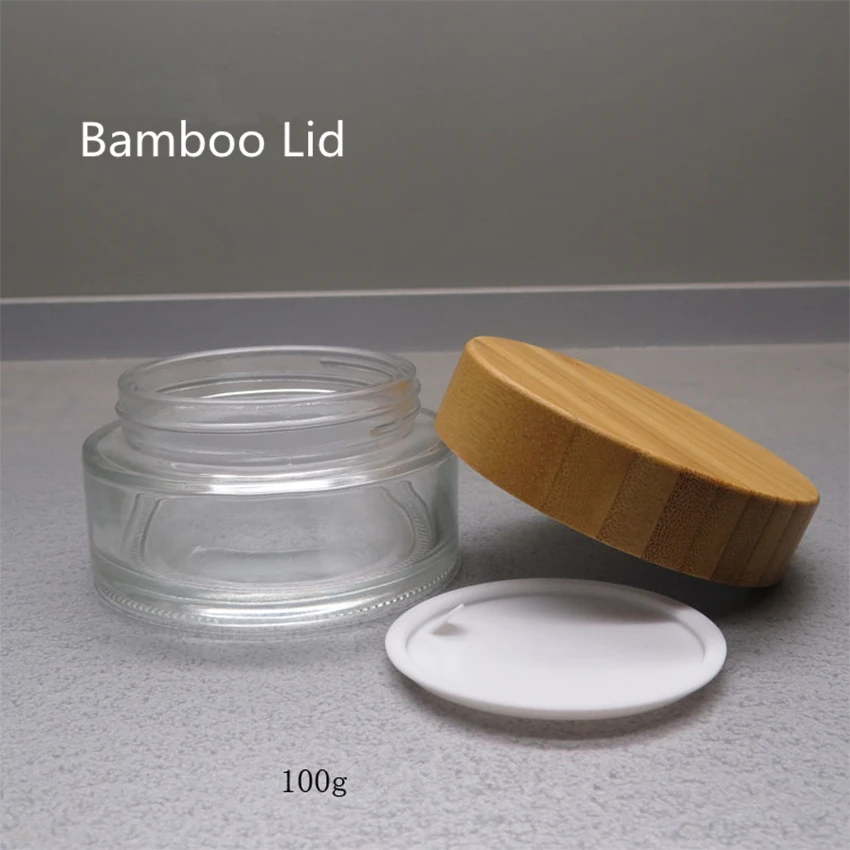 20 шт 100 г Многоразовые прозрачные стеклянные косметические бутылки с бамбуковой крышкой специальный бамбуковый пустой стеклянный контейнер для косметики банка для крема