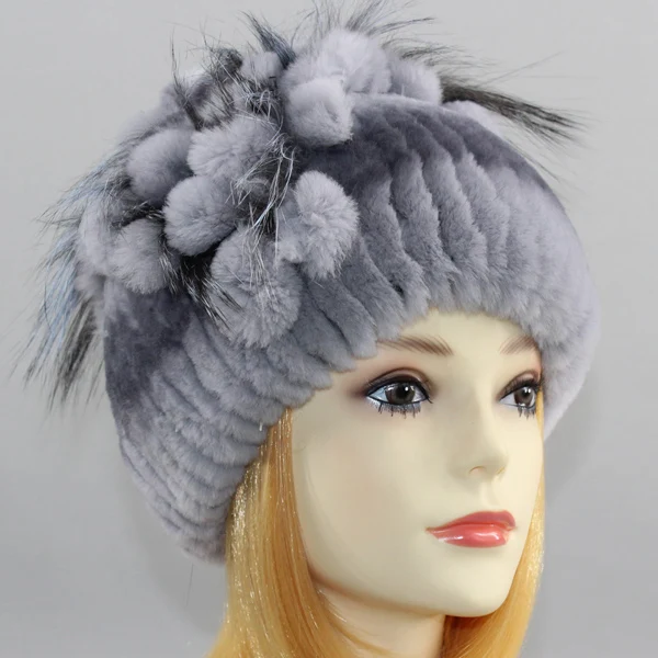 Зимняя женская меховая шапка, настоящий мех кролика, шапки с мехом серебристой лисы, цветок, вязанные шапки-бобы, модная Высококачественная женская меховая шапка - Цвет: Color 7
