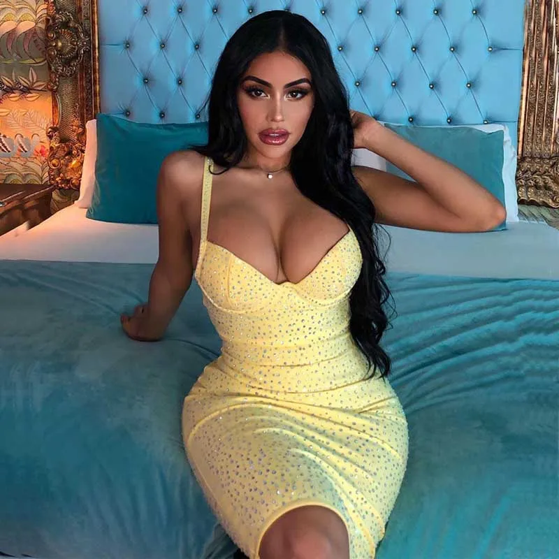 

wholesale 2019 summer Newest Women dress Yellow pink Rhinestone Spaghetti Strap Sexy Celebrity Cocktail party bandage dress