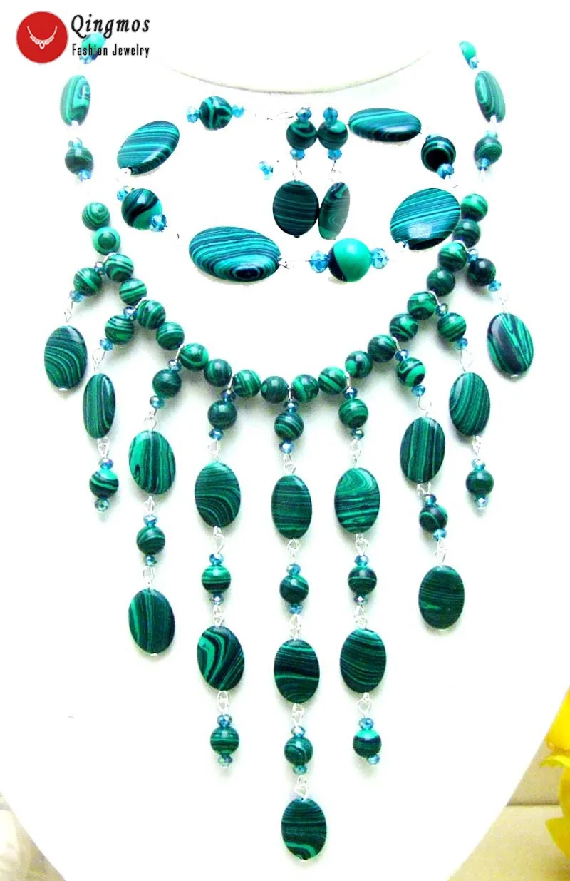

Qingmos 9 Strings Oval 12*17mm Pendant Necklace for Women Dark Green Stripe Agates 16-19" Chokers Necklace Earring Bracelet Set