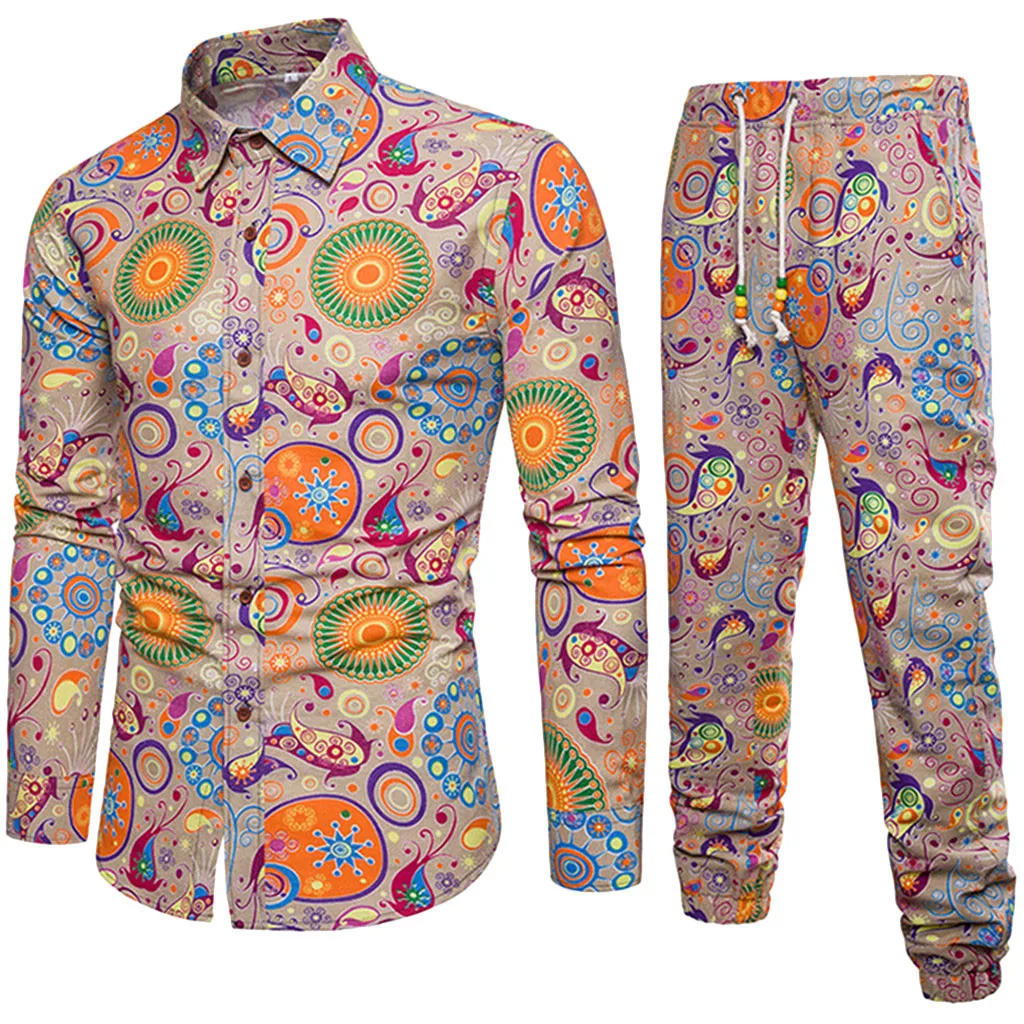 

Hawaiian Colors Printed Mens Suit Large Size M-5XL Casual Cotton Linen Conjunto Masculino Slim Fit Shirts Sweatpants Tracksuit