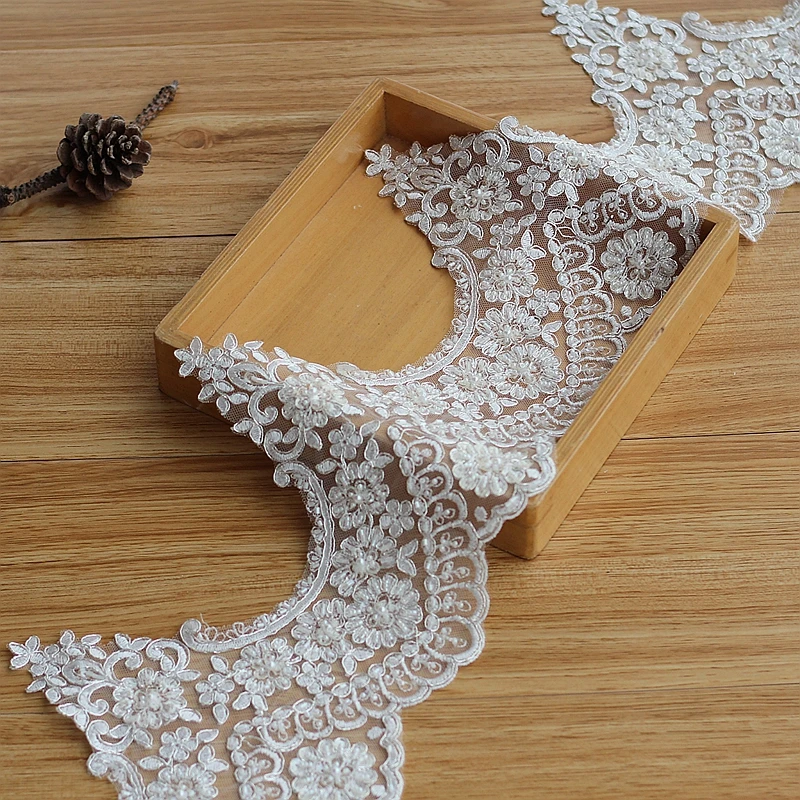

Ivory Alencon Lace Trim High Quality Hand Made Beaded Sequined Wedding Lace Trim Embroidered Retro Lace Bridal 6.7'' Wide 1yard