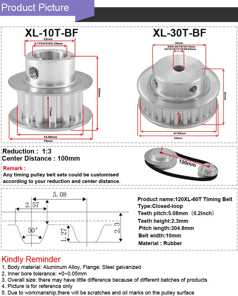 SUMRAY XL Timing Belt Pulley Set XL 10T 30T 11mm Belt Width Tooth Belt Pulley Reduction 1:3 120XL CNC Belt Pulley 1 Set