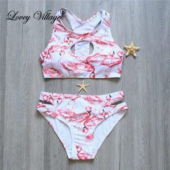 

2019 New High Neck Bikini Women Swimsuit Flamingo Swimwear Bandage Cut Out Brazilian Bikini Set Print Summer Beach Bathing Suit
