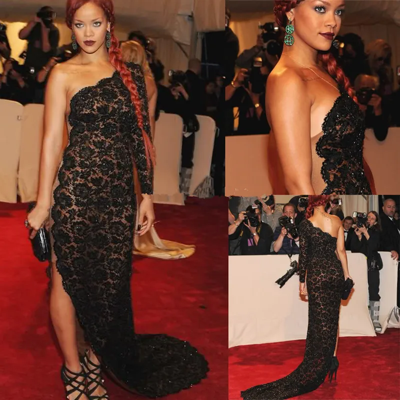  Sexy One Shoulder Black Lace Mermaid Evening dress Side Slit Long Sleeve Beyonce Celebrity Dress 2016 Red Carpet dresses 