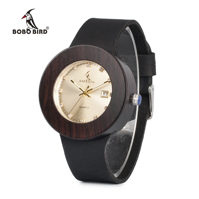 BOBO BIRD Brand Black Ebony Men And Women Wood Watch With Genuine Leather Strap Wooden Fashion