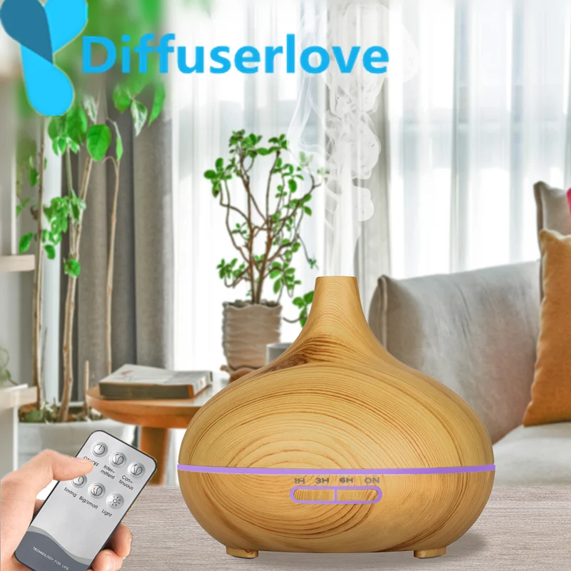 Diffuserlove 300ML remote control Air Humidifier Essential Oil Diffuser Wood Grain 7 Color Changing LED Light Electric Diffuser