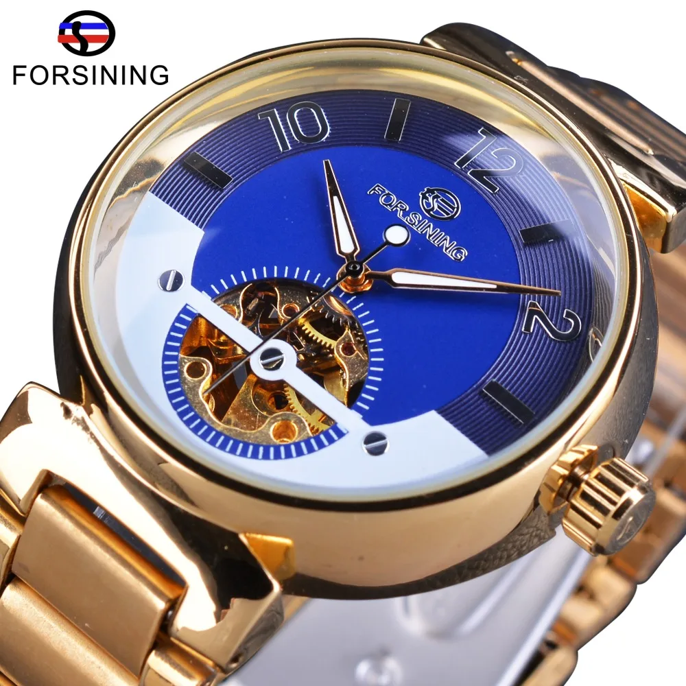 Inoxidável dos Homens Relógio de Luxo Forsining Oceano Luxo Dial Design Pequeno Esqueleto Display Ouro Aço Relógios Automáticos Marca Superior