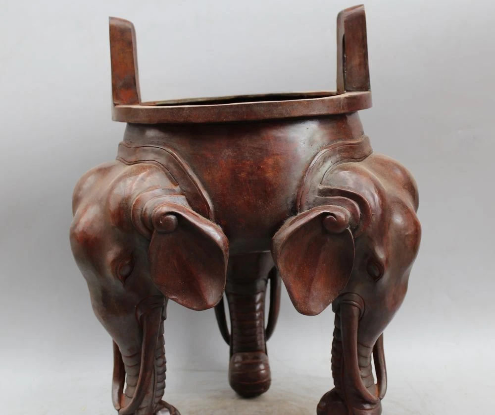 

17"Chinese Dynasty Cloisonne Bronze 3 Foot elephant Handle Ding Incense Burner