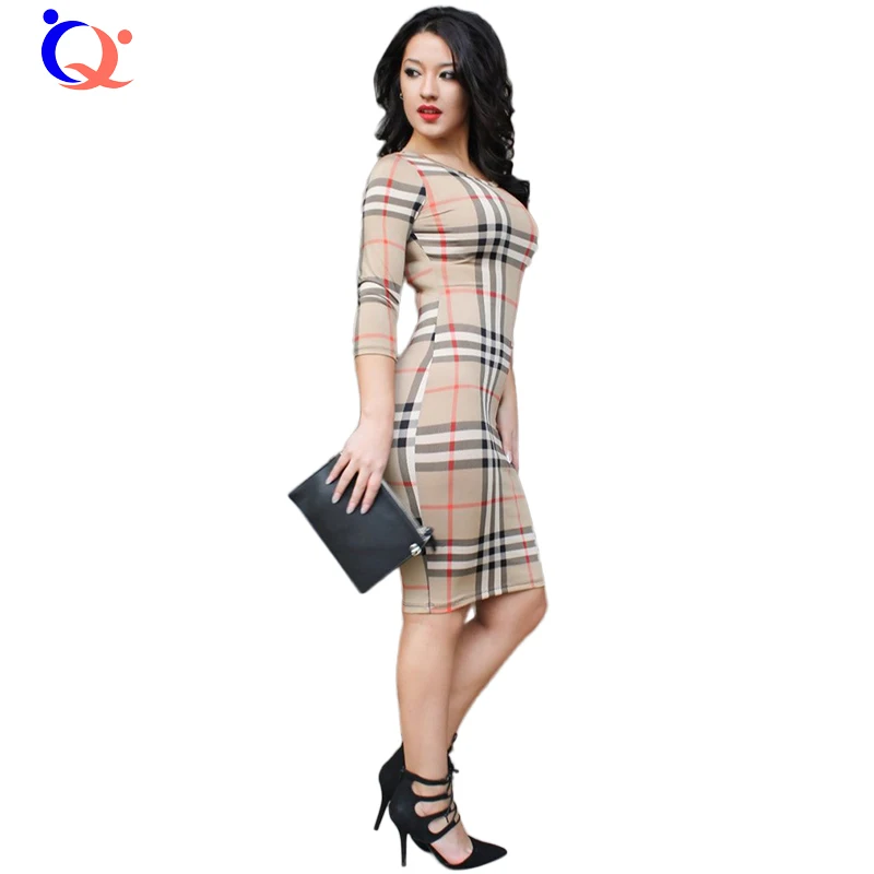 Women font b Tartan b font Bodycon Dress Autumn Classic Long Sleeves O neck Slim Fit