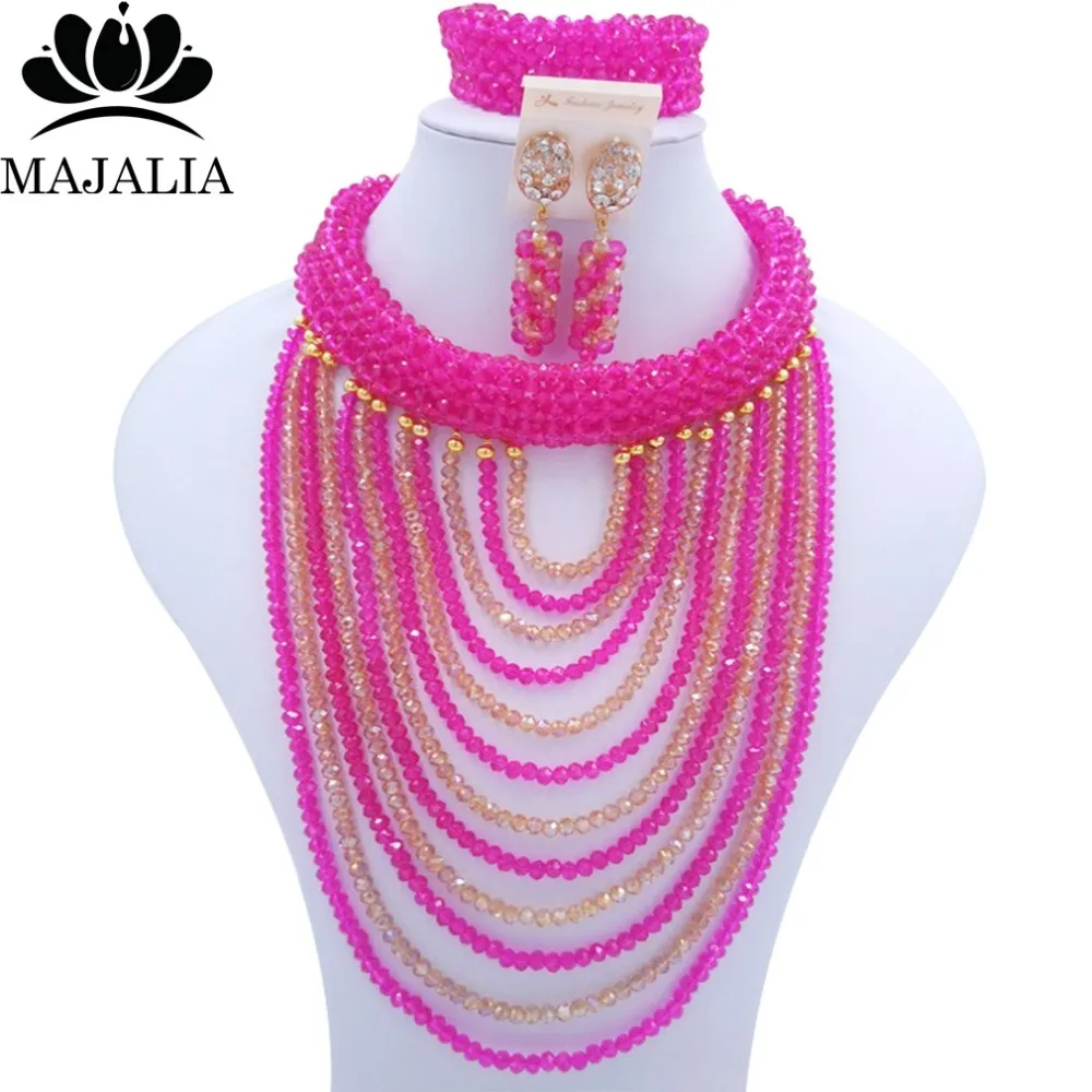

2017 Fashion Nigeria Wedding african beads jewelry set Hot Pink Crystal necklace bracelet earrings Free shipping VV-214