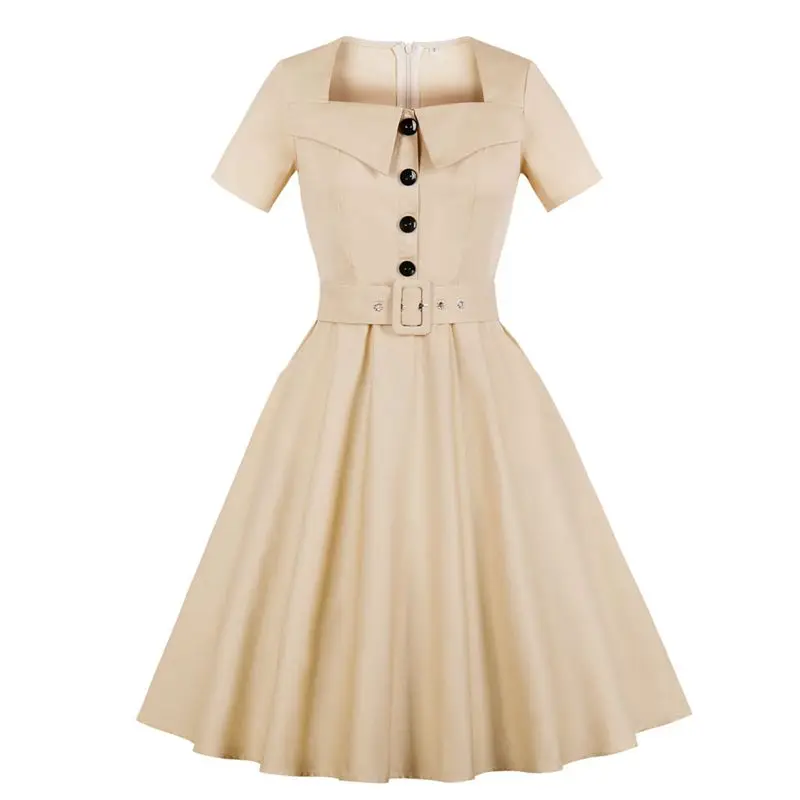 

HeyGalSing Audrey Hepburn 60s Vintage Dress Elegant Style Party Dress Vestidos Belts Button Solid Retro Dress Cotton Sundress