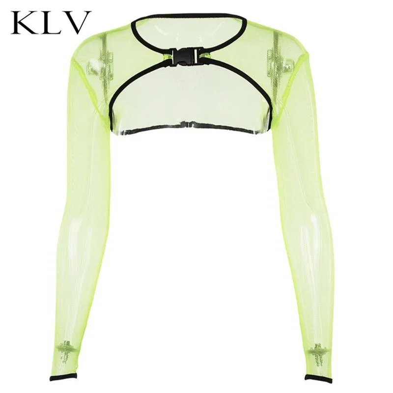 

Women Long Sleeve Sexy Hollow Out Gird Sheer Mesh Crop Top Summer Bright Fluorescent T-Shirt Buckled Skinny Beach Party Clubwear