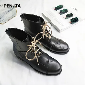 

2019 PENUTA Womens Ankle Boots Shoes Round Toe Ladies Genuine Leather Chelsea Shoes Women Autumn Boots Fashion Vintage PD918