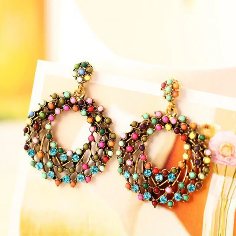 

LNRRABC Colorful Women Drop Earrings Hot Ethnic Vintage Trendy Circle-shaped Rhinestones Crystal Dangle Earrings Jewelry