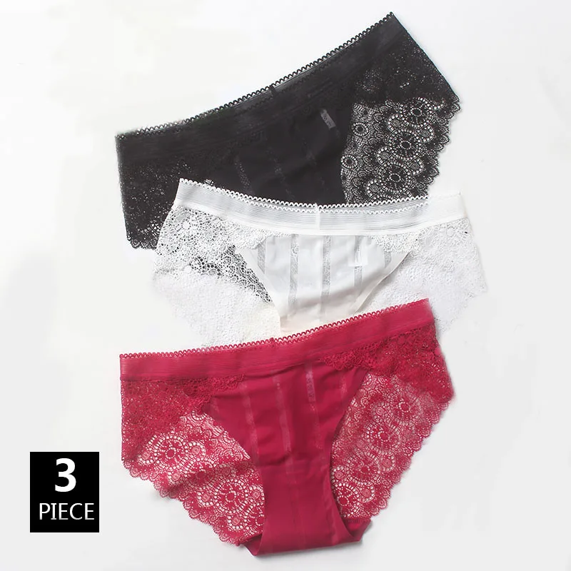 

3PCS Sexy Hollow Lace Panties Ice Silk Seamless Soft Women Underwear Middle Waist Transparent Temptation Lady Knickers Breifs